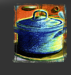 Gr&ouml;&szlig;ere Abbildung Colorierter Linolschnitt "Kochtopf"