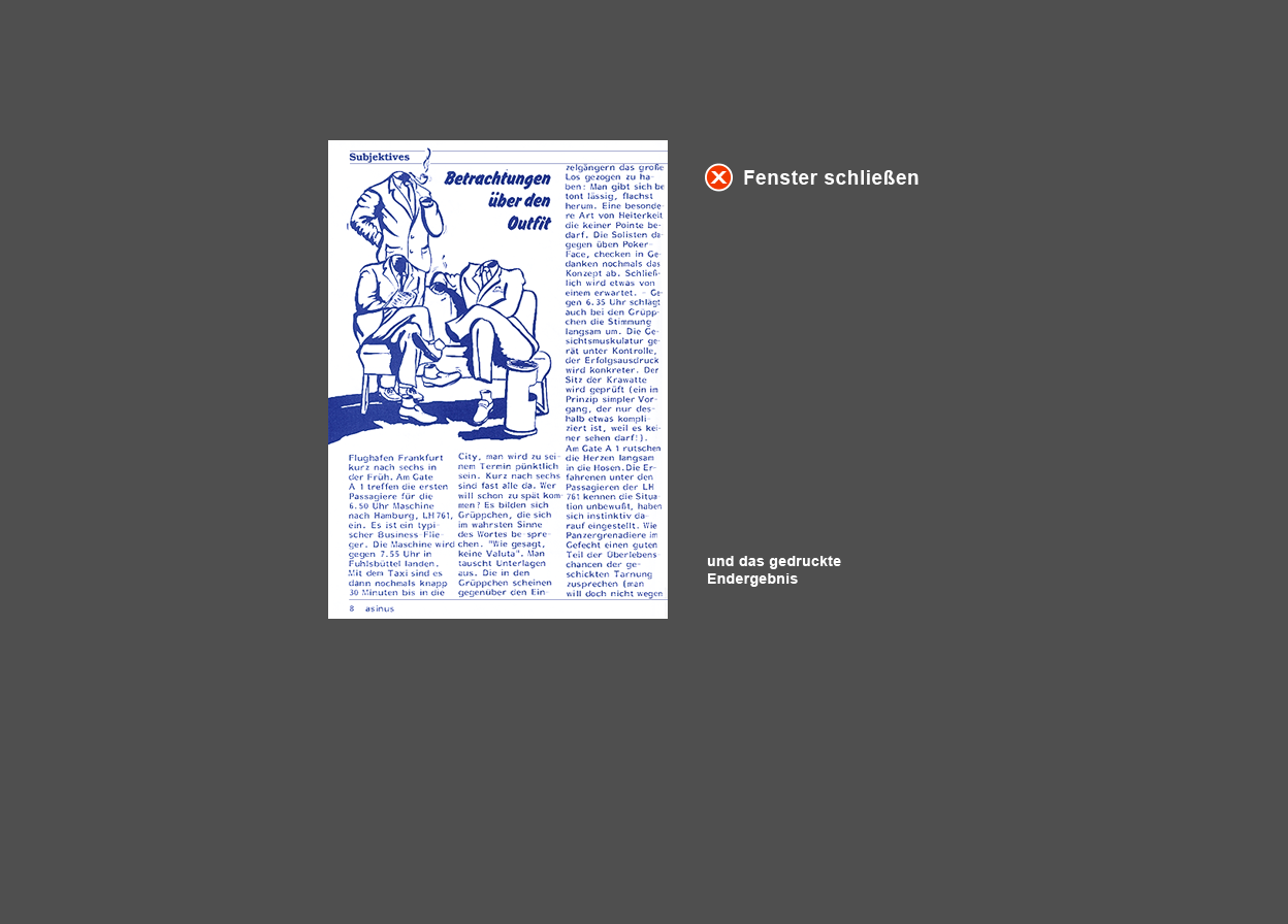 Abbildung gedruckter Artikel mit Tusche-Zeichnung "Anz&uuml;ge ohne Inhalt" und Text