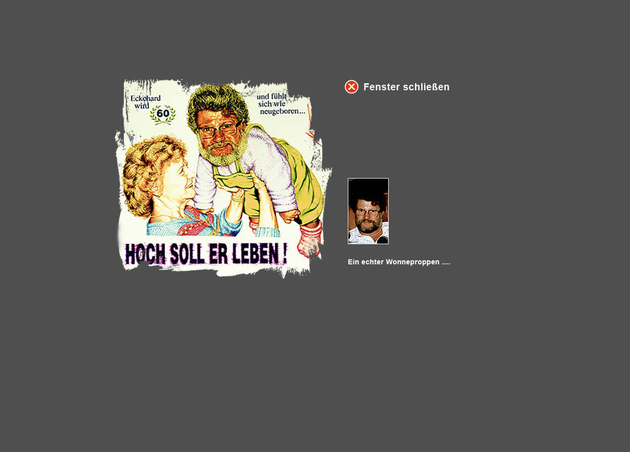 Gro&szlig;e Abbildung Wachskreide-Zeichnung "Eckehard wird 60" und kleine Abbildung vom zugrunde liegenden Original-Foto