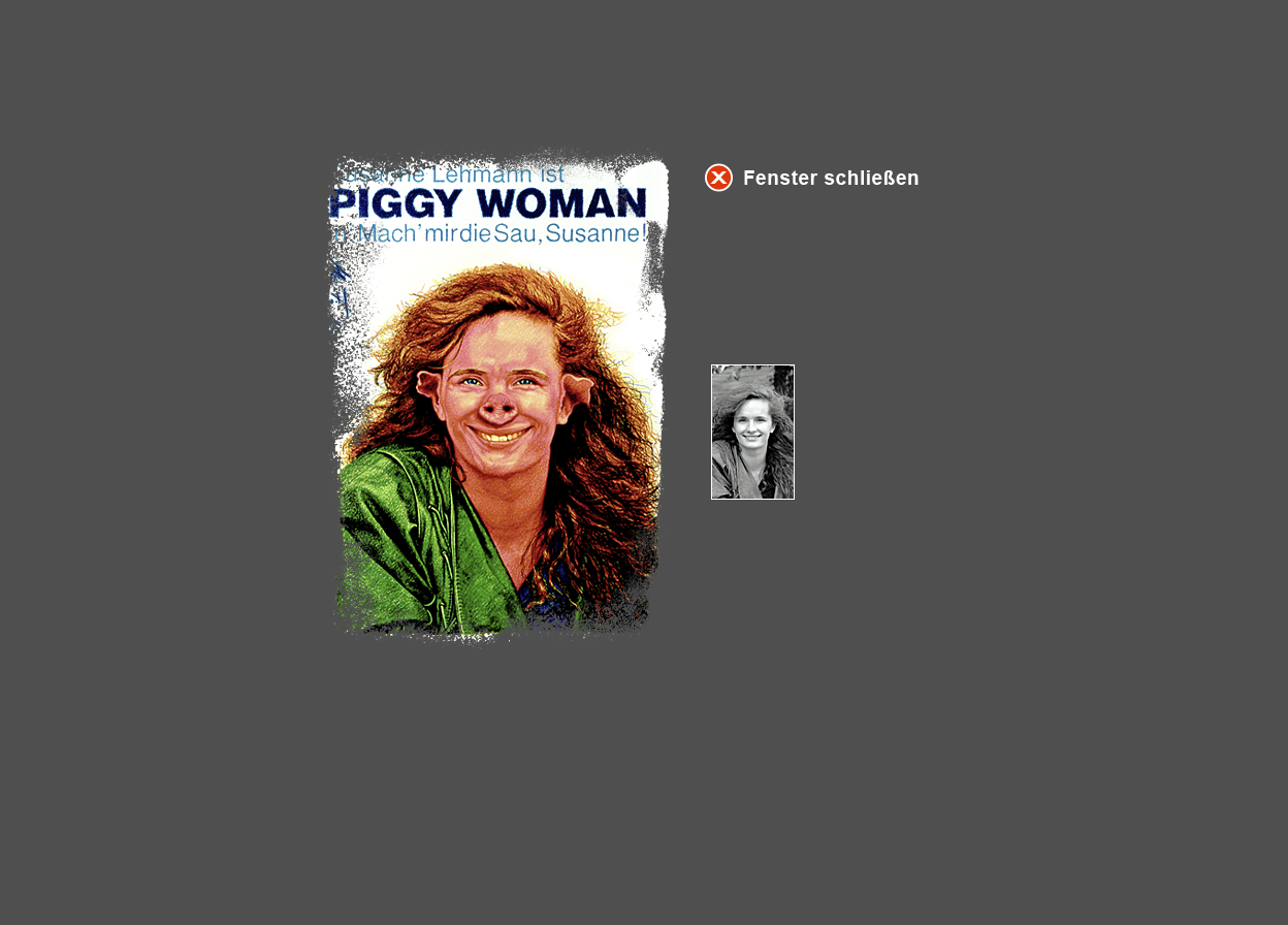 Gro&szlig;e Abbildung Wachskreide-Zeichnung "Piggy Woman" und kleine Abbildung vom zugrunde liegenden Original-Foto