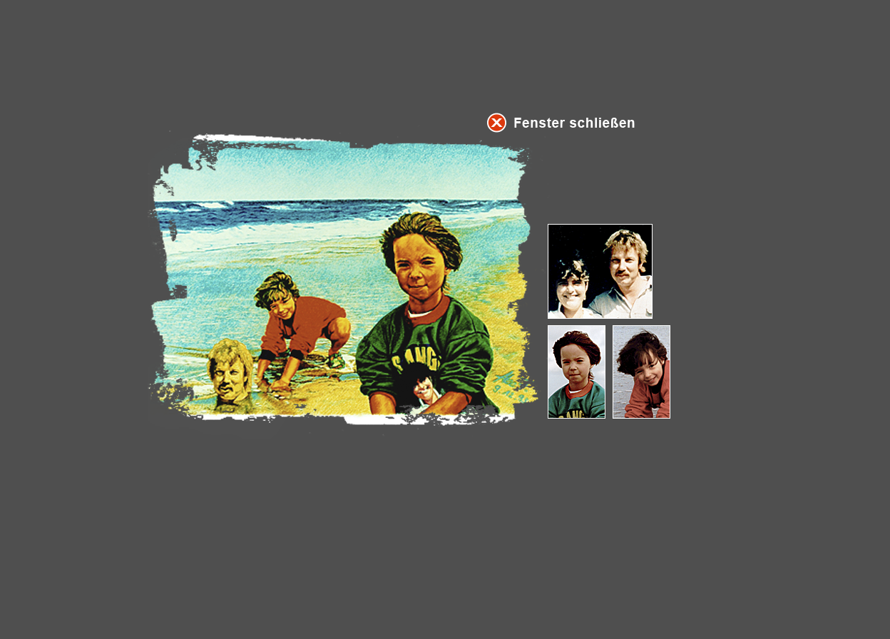 Gro&szlig;e Abbildung Wachskreide-Zeichnung "Strand-Tag" und 3 kleine Abbildungen von zugrunde liegenden Original-Fotos