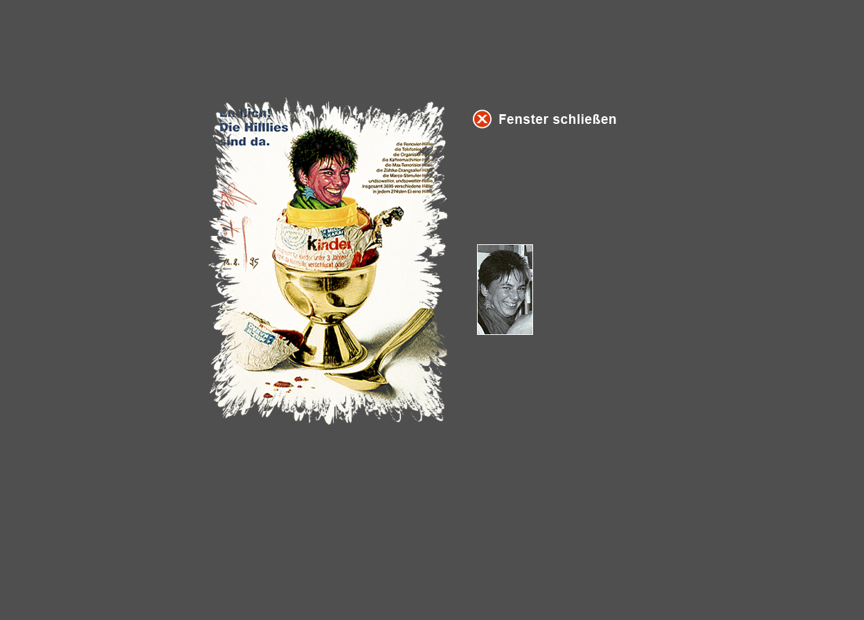 Gro&szlig;e Abbildung Wachskreide-Zeichnung "&Uuml;-Ei-Hilllie" und kleine Abbildung vom zugrunde liegenden Original-Foto